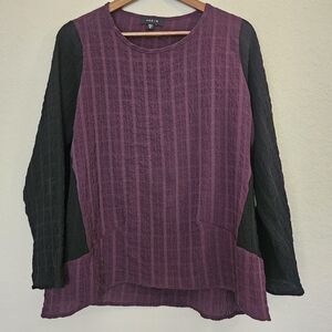 Jason Gauzy Tunic Top Womens Medium Burgundy Black Mixed Media Textured Blouse